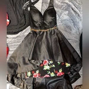 Elegant Black High-Low Dress with Floral Accents